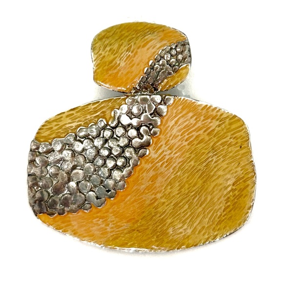 Sunny Yellow Orange and Silver Tone Statement Necklace Pendant Textured Bright - Picture 2 of 10